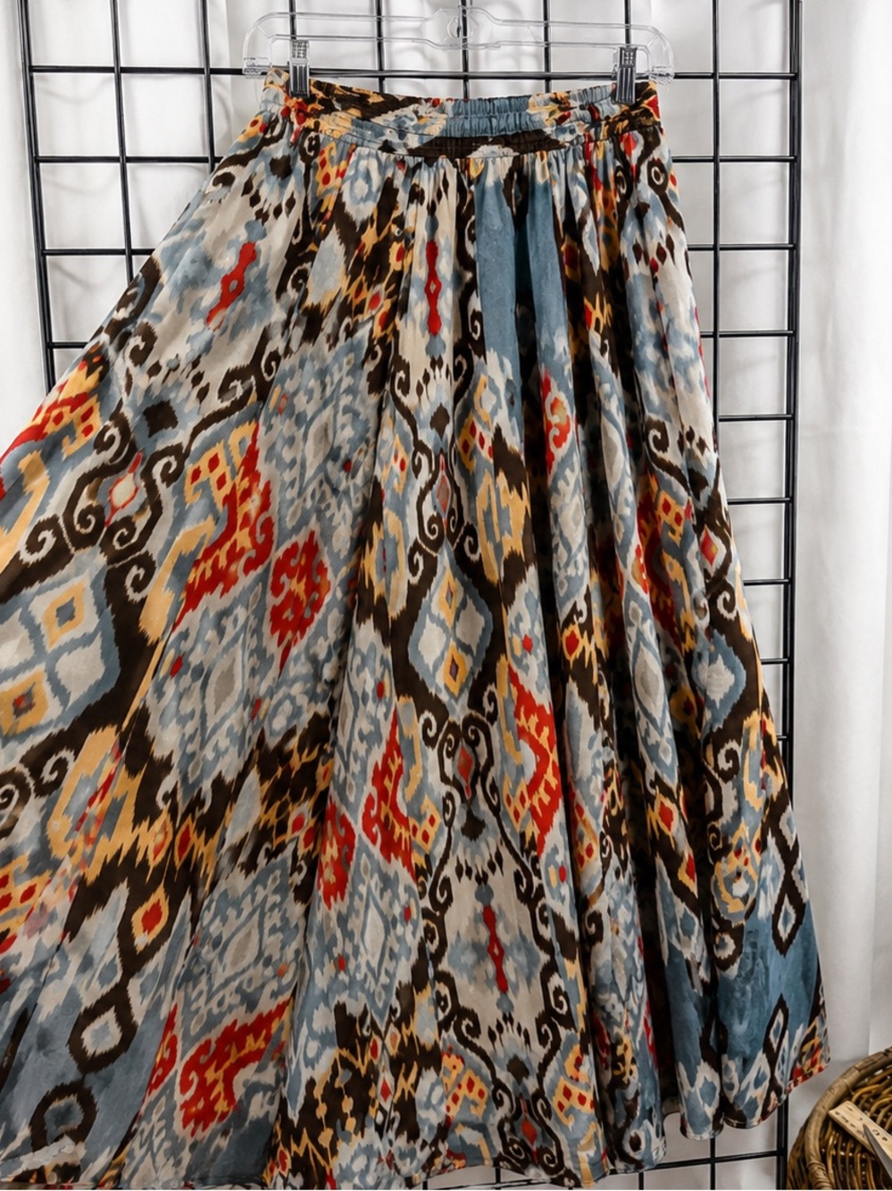 Bohemian Ikat Print Maxi Skirt in Blue and Red